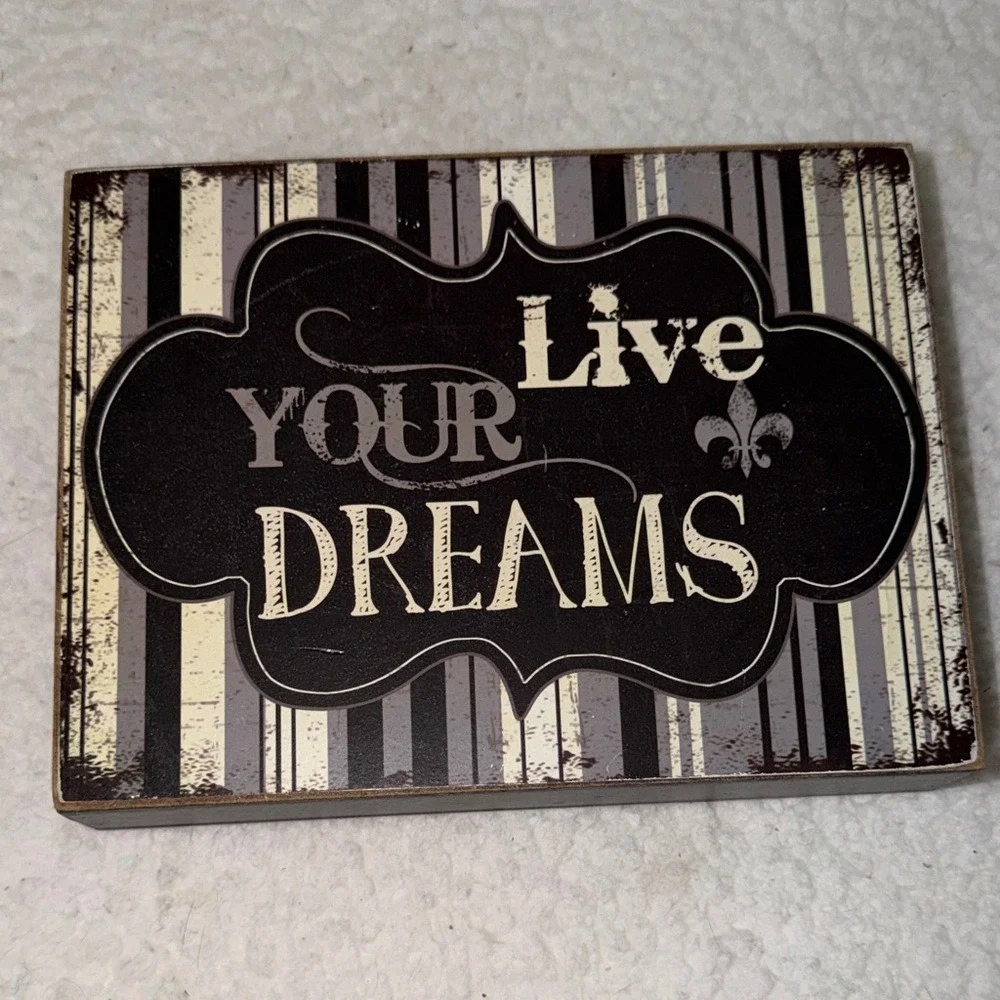Youngs Inc Live Your Dreams Wooden Block Sign Fleur De Lis Stripe Wall Decor 8x6